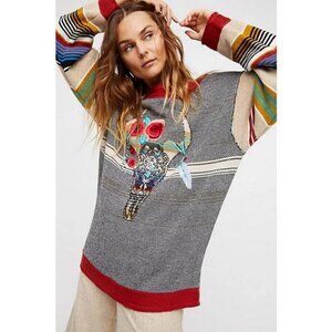 💕FREE PEOPLE💕 Desert Rose Sweater Embroidered Longhorn Colorblock Knit Medium